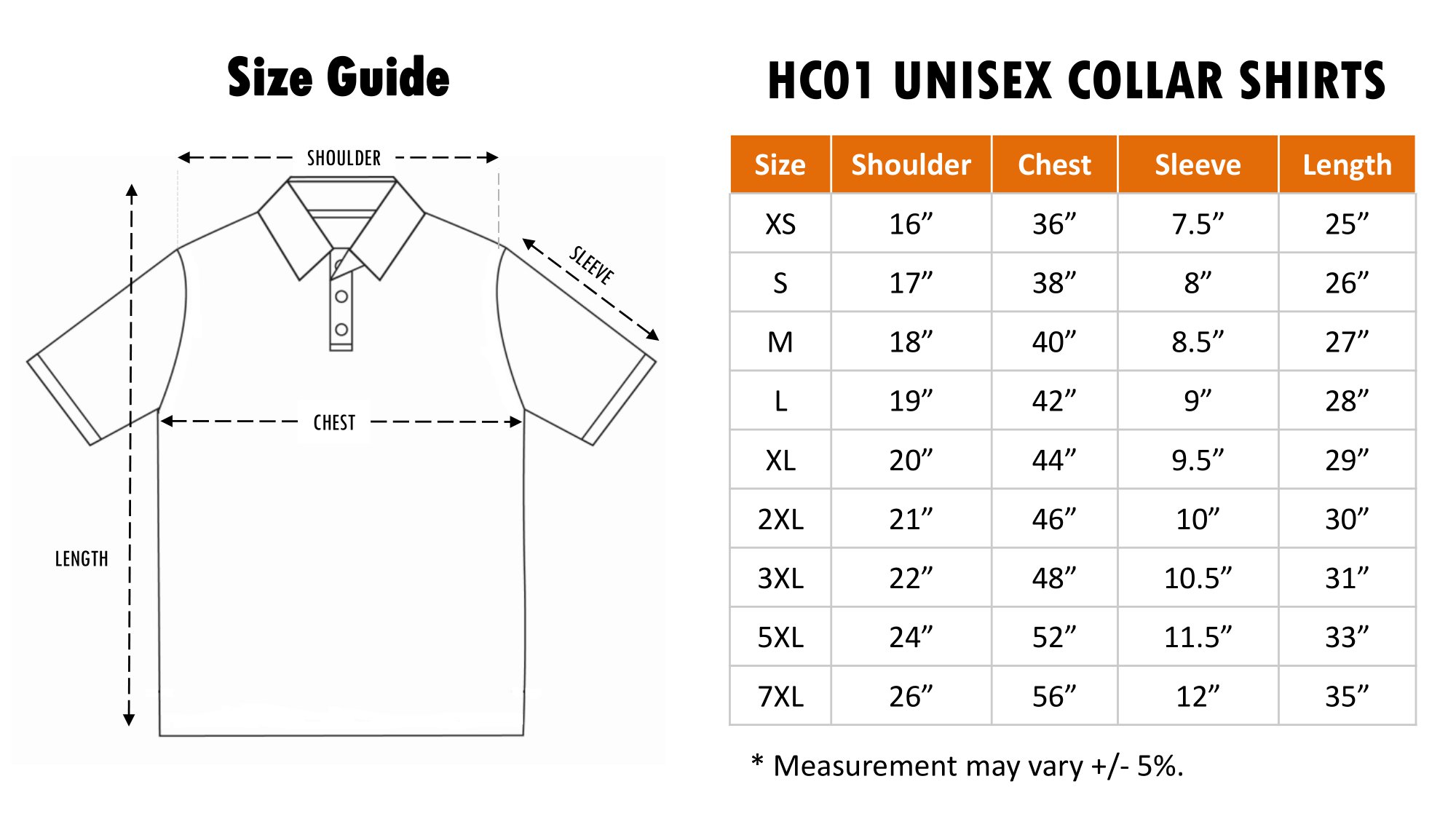 HC01 Size Chart